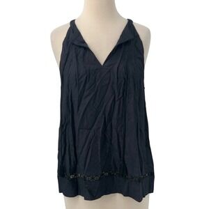 NWT LOFT Women's Black Sleeveless Halter V-Neck Tassel Lace Trim Top Boho Size M